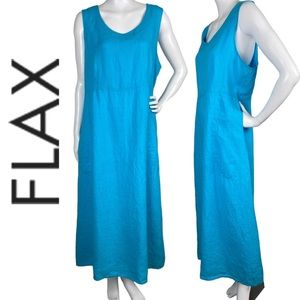 FLAX Linen Turquoise A-Line Maxi Dress Sleeveless Side Pockets Loose Fit Medium
